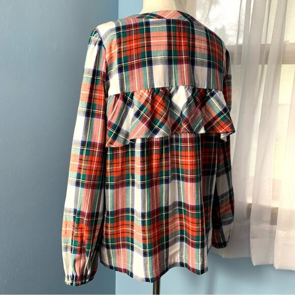 J. Crew Snowy Tartan Plaid Ruffle Popover Top Size Medium - Picture 4 of 9